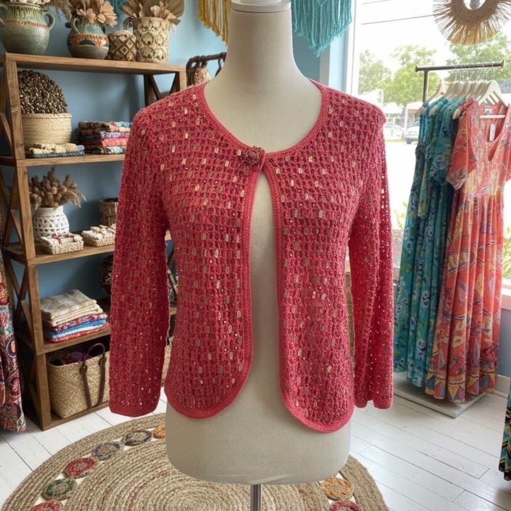 Marisa Christina Pink Crochet Knit Cardigan Sequin Bead Jewel y2k whimsi M fairy